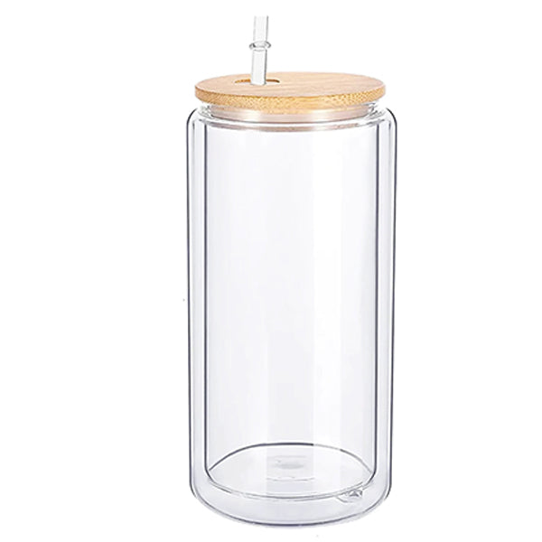 Botella de doble vidrio con tapa bambú 16 onz