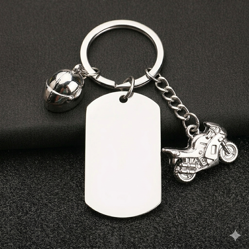 Llavero de Acero Inoxidable sublimable con dije de Moto 2 (Laser también)