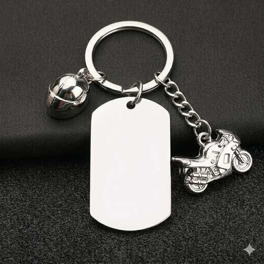 Llavero de Acero Inoxidable sublimable con dije de Moto 2 (Laser también)