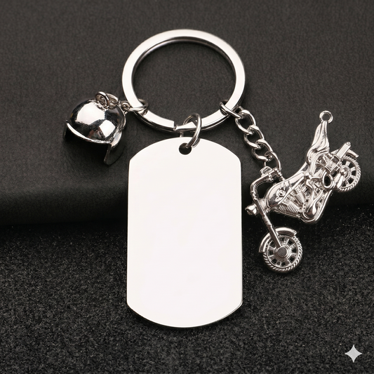 Llavero de Acero Inoxidable sublimable con dije de Moto 1 (Laser también)