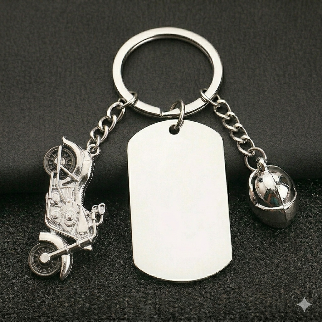 Llavero de Acero Inoxidable sublimable con dije de Moto 1 (Laser también)