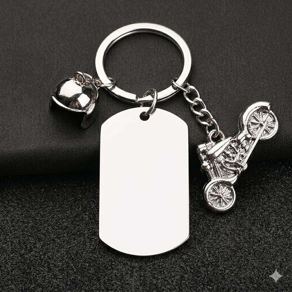 Llavero de Acero Inoxidable sublimable con dije de Moto 3 (Laser también)