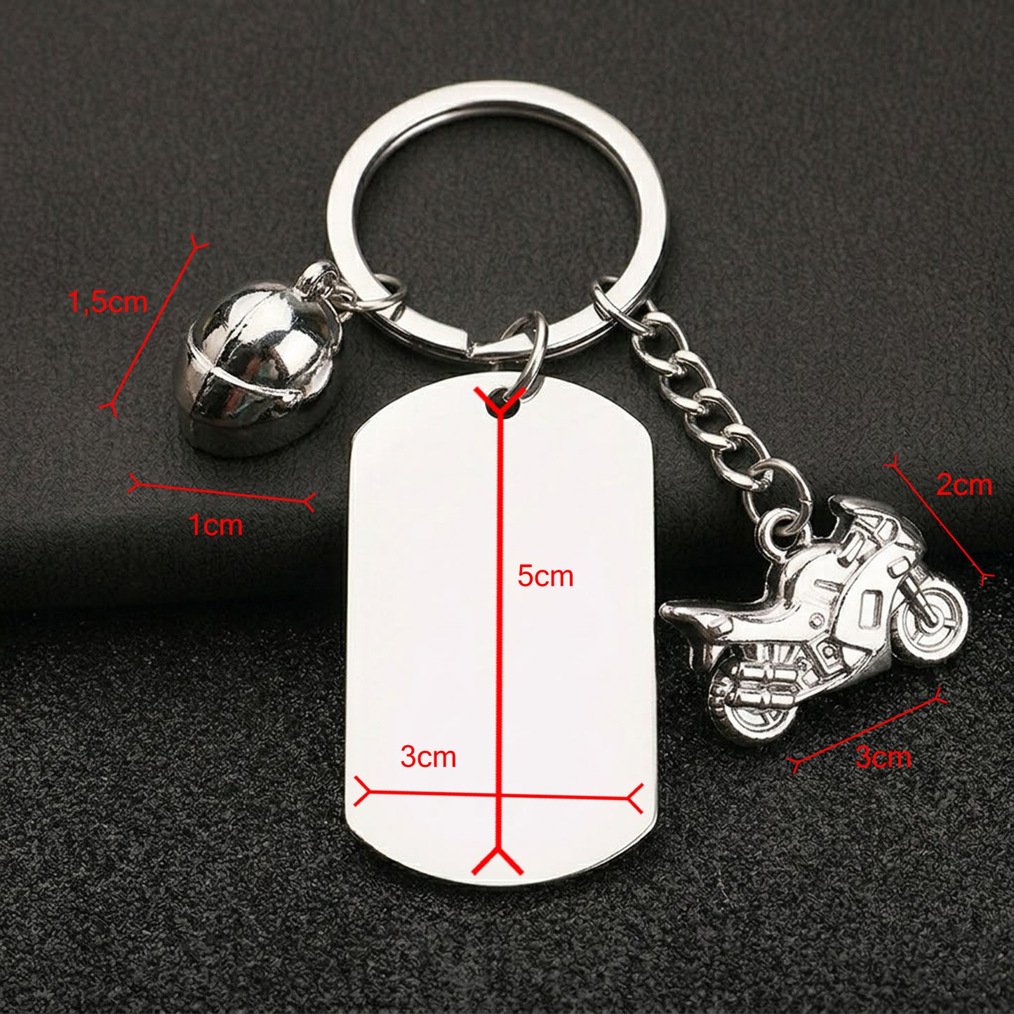 Llavero de Acero Inoxidable sublimable con dije de Moto 2 (Laser también)